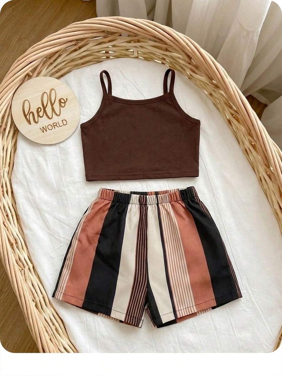 SHEIN Baby Girl Cami Top & Colorblock Striped Shorts - Chocolate Brown - View 1
