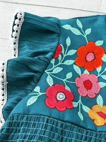Linhara Plus Size Women V-Neck Floral Embroidery Pattern Casual Versatile Daily Wear Shirt - Teal Blue - View 4