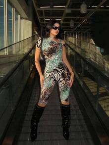 SHEIN SXY 性感短袖豹纹健身连体裤 - 綠色 - 查看 3