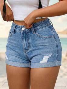 Shorts vaqueros cortos para mujer verano, diseño rasgado y dobladillo enrollado - Piernas largas, estilo dulce y urbano, streetwear, Pantalones cortos vaqueros versátiles para mujer, Jeans - Azul - Ver 3