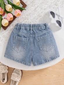 SHEIN Explorewe Young Girls Denim Shorts Summer New Y2K Style Light Blue Washed Denim With Pearl And Rhinestone Decoration Loose Straight Fit Soft Comfortable Cotton Denim Fabric Daily Casual Wear For Summer Vacation Music Festival School Party Summer Outfits - Light Wash - View 2
