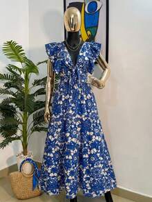 Clasi Vestido de manga corta con cuello en V y estampado de bloques de color para tallas grandes - Azul y blanco - Ver 3