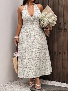 Sunnyshic Elegant Floral Halter Tie Waist Maxi Dress, Backless Beach Vacation Vacation Style, Ditsy Floral, Slimming, Plus Size For Women, Summer Mint Green - Multicolor - View 4