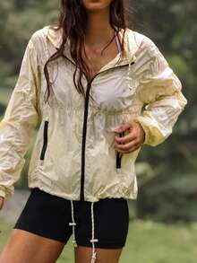 WanderVale 女士抽绳连帽拉链休闲百搭轻便外套，适合日常穿着 - 杏色 - 查看 2