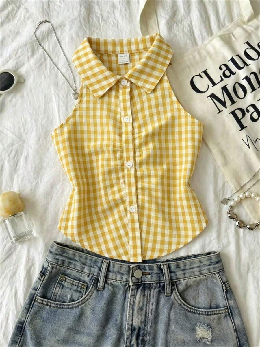 SHEIN Kemeja Pendek Anak Perempuan (Ukuran Besar) Musim Semi/Panas Motif Liburan Pedesaan Prancis yang Manis dan Imut Tanpa Lengan dengan Kerah Halter dan Kancing, Motif Kotak-kotak Merah - Kuning - View 1