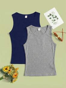 SHEIN 2pcs/Set Solid Color Black & White Knit Tank Top For Teens - Navy Blue - View 2