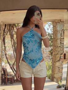 Bonvoyette Áo hở lưng gợi cảm cho nữ đi biển có đính hạt và kim tuyến, mùa hè - Màu xanh lam - Xem 3