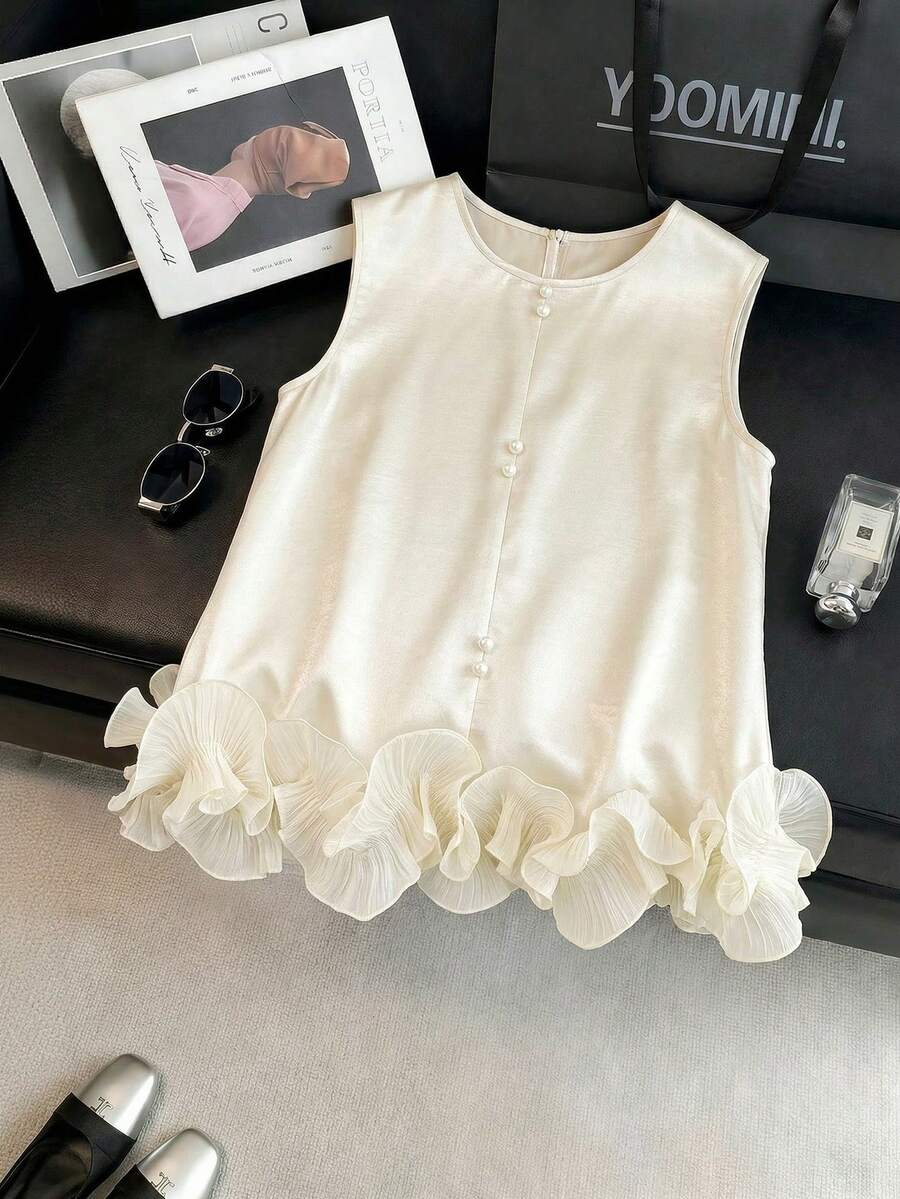 Franclia Women's Elegant Satin Double-Layer Frill Trim Sleeveless Tank Top, Suitable For Spring/Summer Outings And Dates - Apricot - View 1