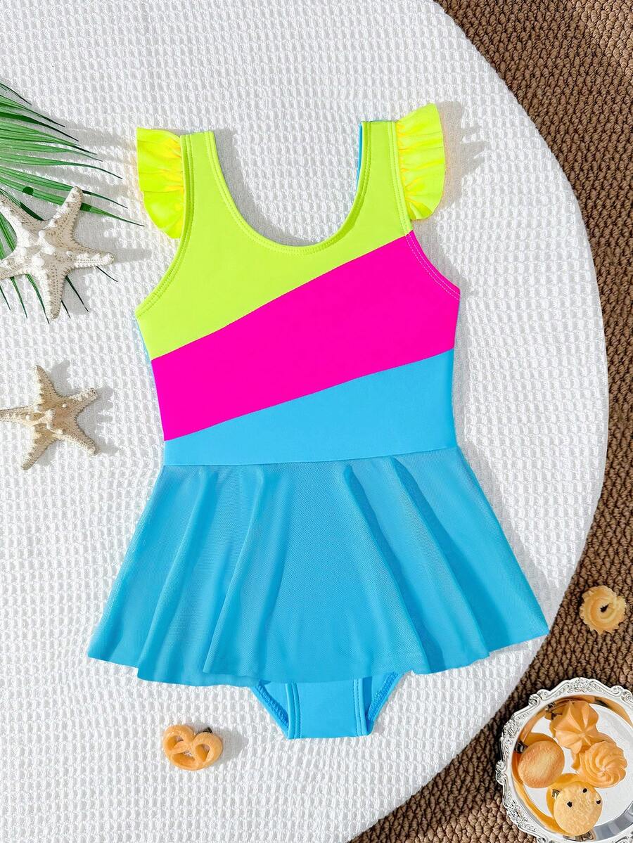 Young Girl Round Neck Color Block Flutter Sleeve One-Piece Swimsuit, Suitable For Beach Vacation, Pool Party, Beach Party - Multicolor - View 1