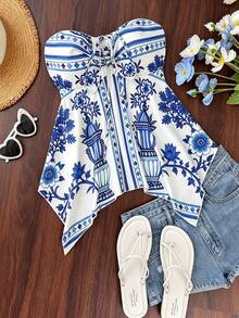 Trelyra Áo kiểu nữ cổ yếm, nơ ở gấu áo, in họa tiết. - Màu xanh lam - Xem 1