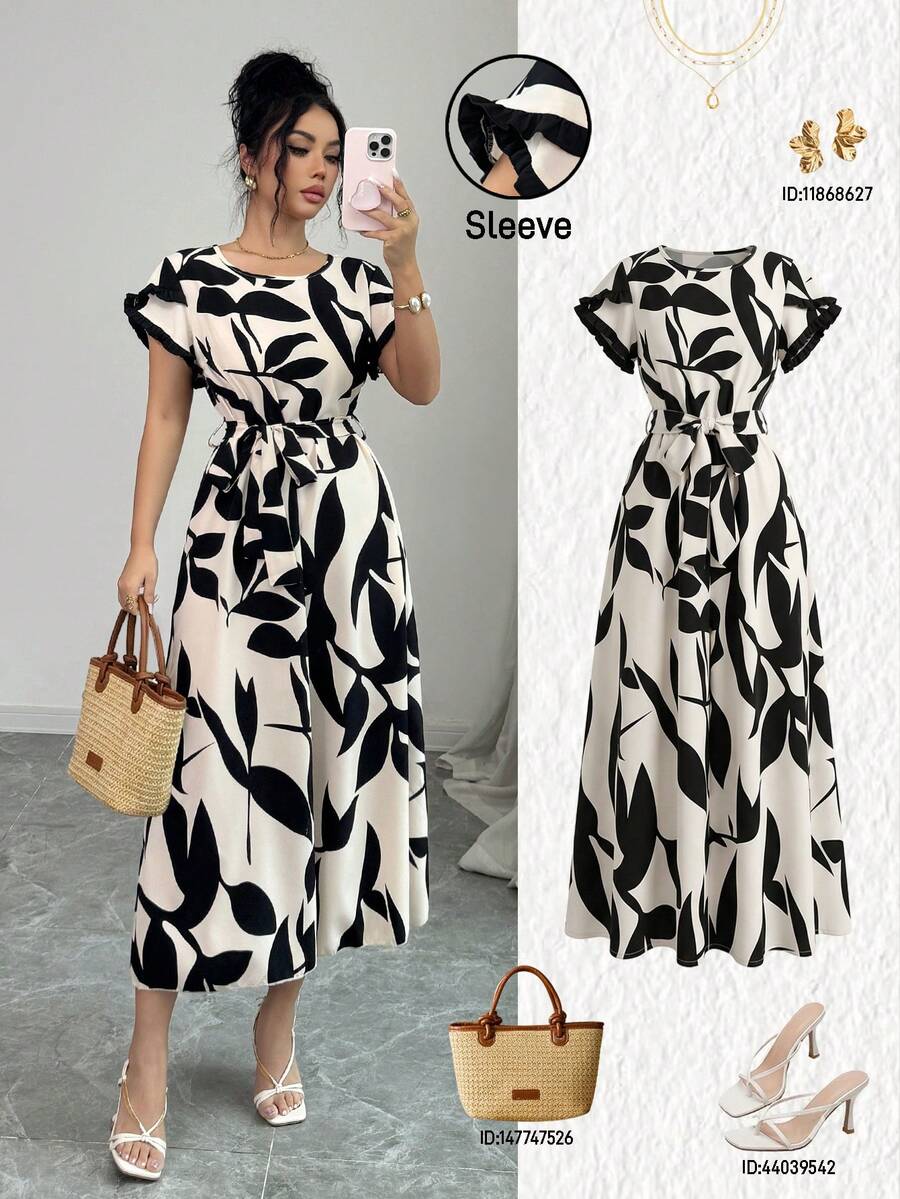 SHEIN Elenzya Women's Fashion Long Dress Round Neck Short Sleeve Random Print A Line With Waist Knot Detail Flared Hem Contrast Color Sleeves - Multicolor - View 1