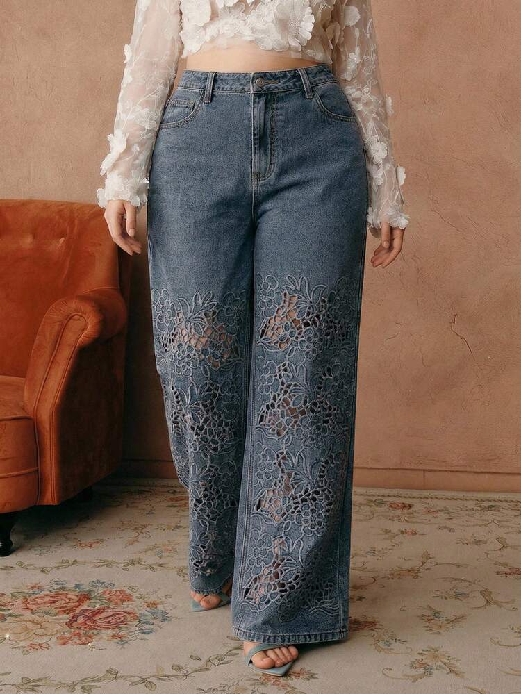 Women's Elegant High-Waisted Hollow Embroidered Straight-Leg Jeans, Blue Plus Size Denim Pants, Suitable For Work Commuting, Daily Wear And Outings
