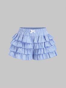 Sweetra Women's Retro Plaid Multi-Layer Ruffle Hem Bow Decor Romantic Girly Sweet Sexy Blue Plaid Shorts - Blue and White - View 1