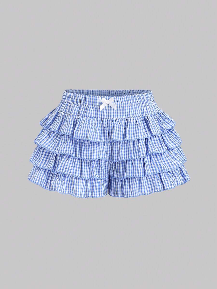 Sweetra Women's Retro Plaid Multi-Layer Ruffle Hem Bow Decor Romantic Girly Sweet Sexy Blue Plaid Shorts - Blue and White - View 1