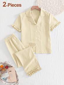 2pcs/Set Tween GirlsCollared Short Sleeve Top And Casual Pants Loungewear Set - Apricot - View 3