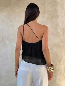 Nueva blusa elegante y romántica de primavera/verano para citas, Día de San Valentín, temporada de bodas, de gasa rosa con un hombro, espalda descubierta y volantes en capas, blusa sexy con volantes para la playa, camisa rosa elegante y romántica para bodas - Negro - Ver 2