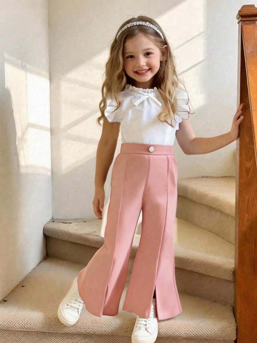 Conjunto de 2 piezas de top con volantes elegante y pantalones con dobladillo dividido acampanado para niña en verano - Rosa - Ver 1
