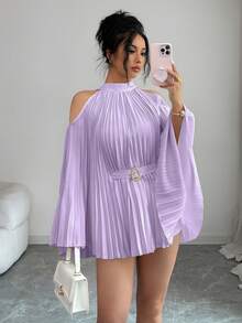 SHEIN Elenzya Áo sơ mi nữ dáng lửng thanh lịch, thắt eo, tay loe. - Màu tím - Xem 3