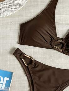 Oceva Conjunto de bikini sexy de 2 piezas con top de cuello halter negro, traje de baño casual de playa para vacaciones de mujeres - Café integral - Ver 3