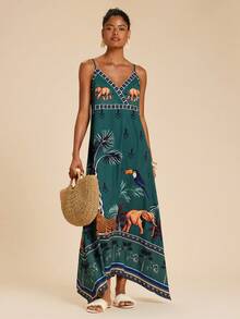 SHEIN TRVLCHIC Đầm không tay in hình voi và chim dành cho nữ, thích hợp cho kỳ nghỉ hè. - Nhiều màu - Xem 1