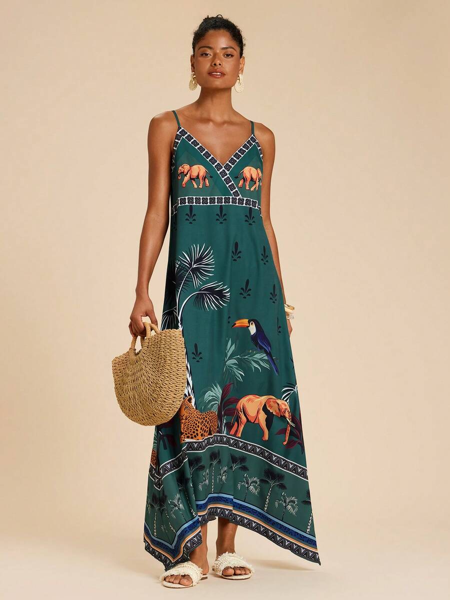 SHEIN TRVLCHIC Đầm không tay in hình voi và chim dành cho nữ, thích hợp cho kỳ nghỉ hè. - Nhiều màu - Xem 1