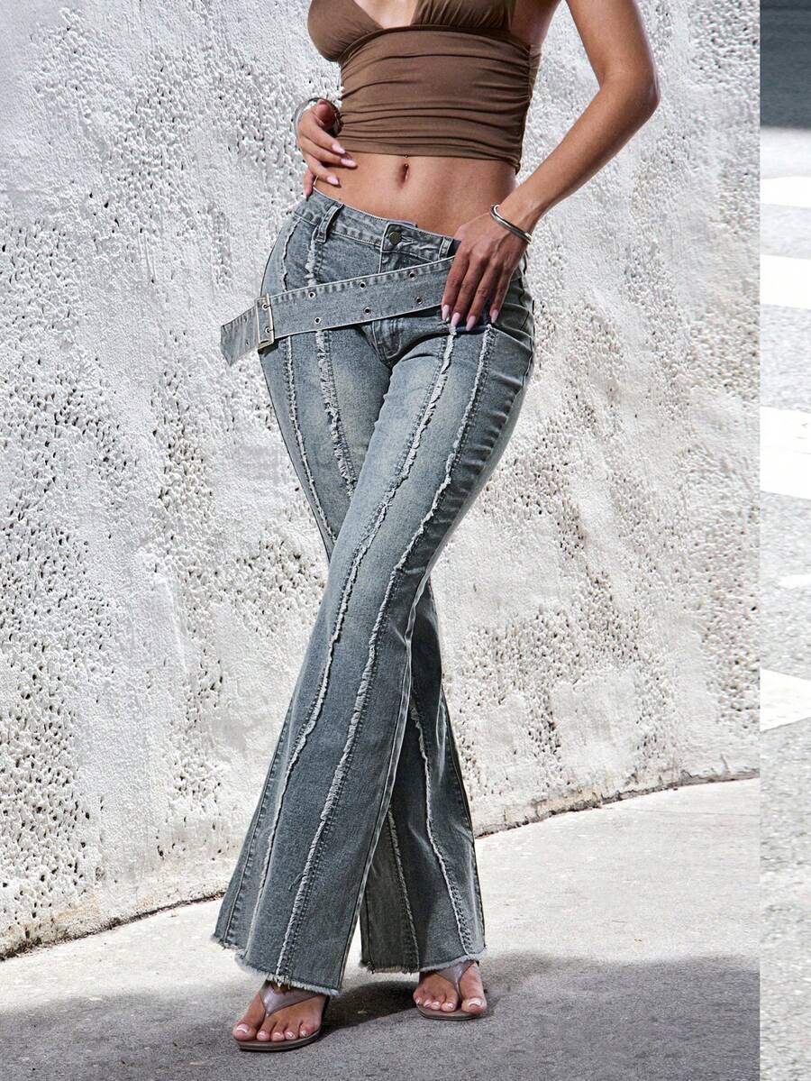 Denimoi Low Rise Belted Boot Cut Jeans Sexy Jeans Fashionable Flare Jeans - Light Wash - View 1