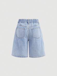 SHEIN Girlism 青少年女孩Y2K石洗休閒寬鬆高腰藍色寬版牛仔長短褲，印花花卉與字母圖案，女孩夏季波西米亞度假狂歡音樂會街頭風，百搭時尚，適合返校季與戶外街頭穿搭 - 淺色水洗藍 - 查看 2