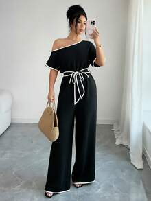 Rafferiza Casual Vacation Asymmetric Neck Textured Soft Elastic Waist Comfortable Flared Leg Pants, Khaki, Spring/Summer - Black and White - View 6