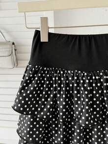 SHEIN 少女针织纯色可爱荷叶边多层内置短裤迷你裙，Y2K时尚，返校季 - 黑色 - 查看 4