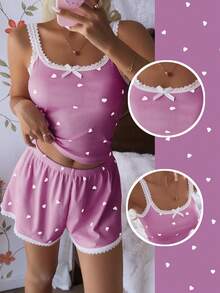 CottageSlumber Heart Shaped Ribbed Lace Silk Camisole & Shorts Sleepwear Set - Purple - View 2