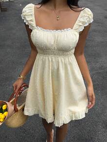 SHEIN SunnyBelle Đầm ngắn nữ dáng chữ A xòe eo cổ búp bê, chất liệu cotton nguyên chất, thích hợp cho mùa xuân/hè. - Màu vàng - Xem 5
