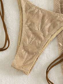 Swim Chiccia 女士春夏沙滩音乐节网纱针织提花卡其色时尚优雅露背比基尼三件套 - 卡其色 - 查看 6