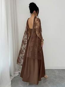 Elenzga Autumn/Winter New Solid Color Sexy Lace Patchwork Halter A-Line Maxi Dress, Ruffle Hem, Front Center Fish Bone Line Divider, Halter Long Trailing, Suitable For Party, Halloween, Christmas, Holiday Events, Dates - Brown - View 2