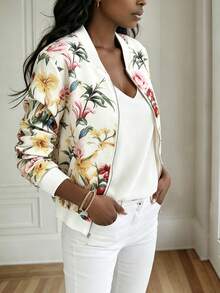 Chaqueta con cremallera con estampado floral casual para mujer - Multicolor - Ver 6