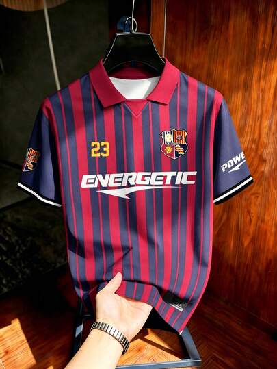 Aesthetic Post Men's Football World Cup Sports Streetwear  Red & Blue Striped English Print Jersey Men's Red Collar Sleeve Black & White Striped Contrast Color Polo Shirt Men's Graphic T-Shirt Women's Graphic T-Shirt Men's Fashionable Summer Shirt Football/Soccer  Summer Tops  Suitable For Formal Or Casual Occasions, Vacation, Dining, Office, Casual Home Wear, Versatile, Comfortable Fabric Shirt, Great For Self-Wear Or Gift