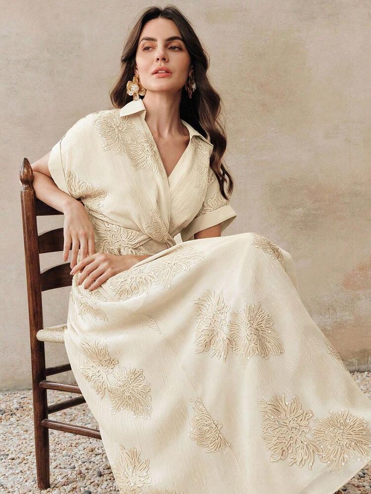 Light Khaki New Summer Elegant Lady-Like V-Neck Embroidered Cinched Waist Long Shirt Dress