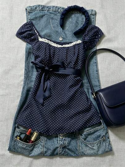 Glimmora Navy Blue Polka Dot Square Collar Petal Sleeve Tie Waist Blouse Polka Dot Top