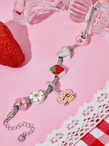 Strawberry Shortcake X SHEIN 银合金吊坠手链，花朵、爱心等可爱设计，适合日常佩戴，也是送礼佳品，情人节、春夏、海滩度假的理想之选。 - 彩色 - 查看 3