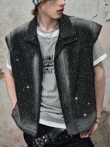 ROMWE MEN Grunge Punk Men's Sleeveless Shiny Denim Top, Fashionable Street Style For Summer - Black - View 4