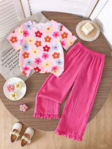 SHEIN Genkimix Kids 2件套女童（小号）春夏新款印花T恤和纯色梭织长裤，面料柔软舒适，款式可爱甜美，适合休闲、上学、度假、派对等场合。 - 粉色 - 查看 7