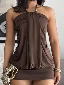 leahseptember 女式纯色褶饰串珠吊带迷你连衣裙，时尚夏季 - 咖啡 - 查看 3