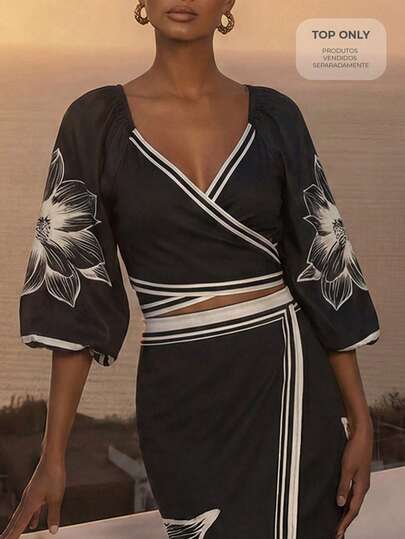 CAJUNI Elegant Black Wrap Top With Tie Back And Puff Sleeves, Maxi Floral Print.