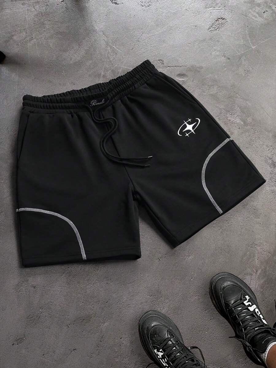 PAVTROS Men's Summer Casual Sports Shorts With Star Embroidery And Drawstring Waist - Black - View 1