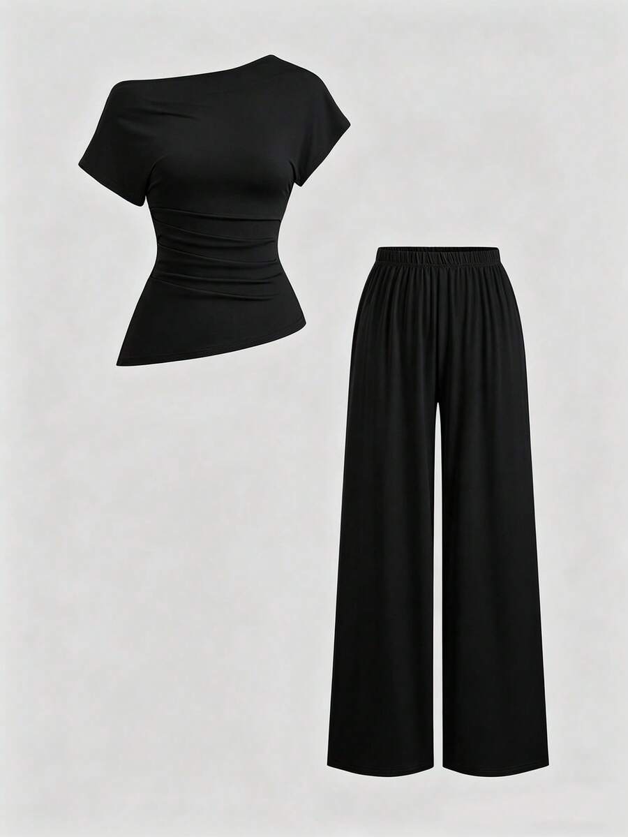 Sweetra Women's New Fashion Versatile Solid Color Asymmetrical Shoulder Cinched Waist Top + Long Pants 2 Pieces Set - Black - View 1