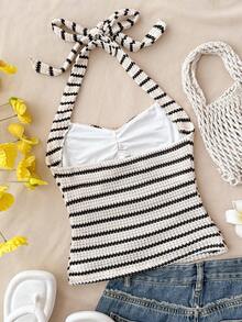 SHEIN Teen GirlStriped Minimalist Casual Halter Neck Camisole - Black and White - View 2