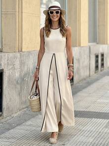 Solivie 女士无袖长款连体裤，撞色滚边设计，时尚优雅，适合春夏穿着。 - 杏色 - 查看 1