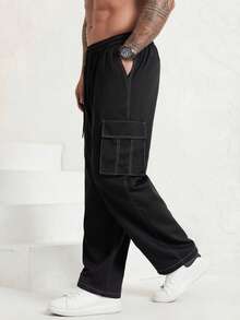 Manfinity Homme Celana Kargo Pria Ukuran Besar Kasual Longgar, Musim Gugur - Hitam - View 1