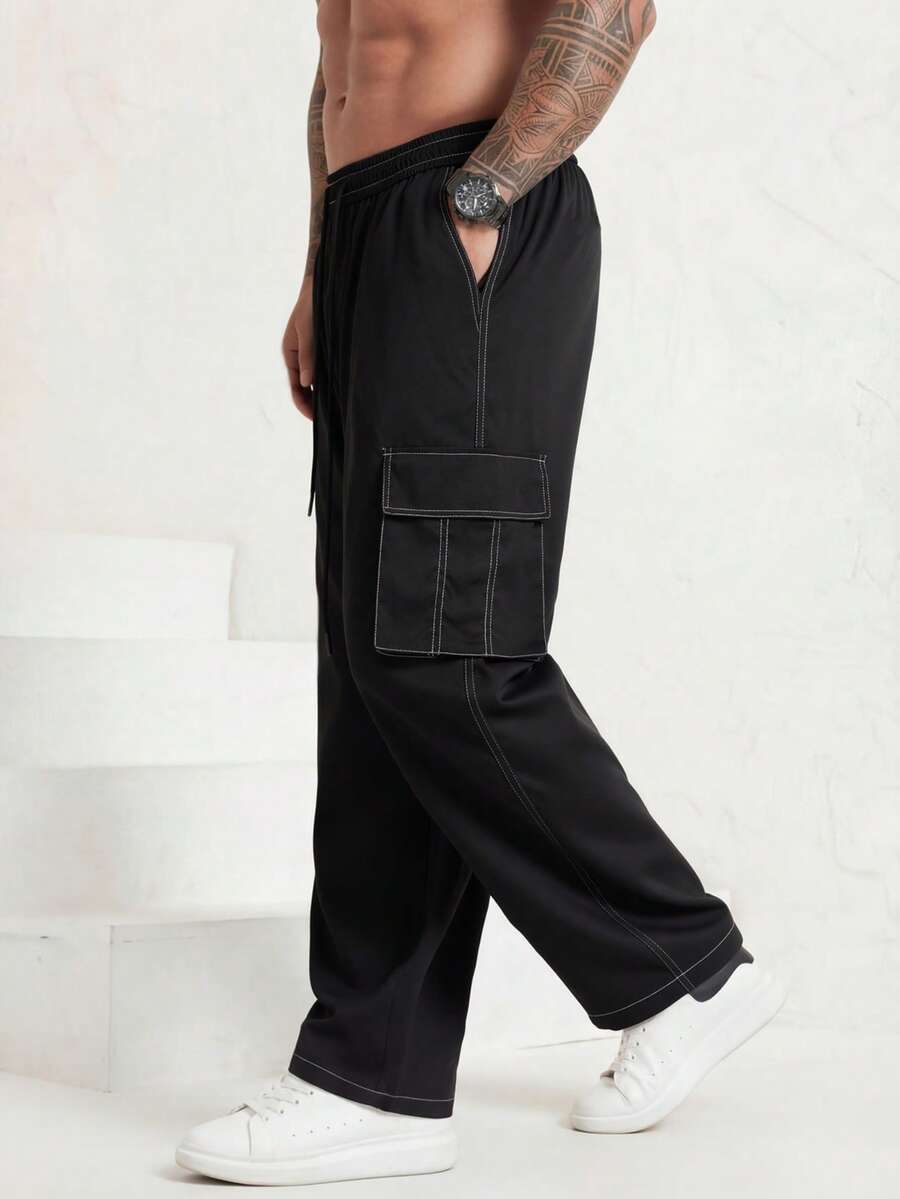Manfinity Homme Celana Kargo Pria Ukuran Besar Kasual Longgar, Musim Gugur - Hitam - View 1