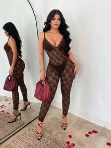 SHEIN SXY Sexy Sheer Lace Jumpsuit - Brown - View 6