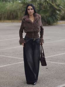 AfricaSnchz 时尚街头风格女士仿皮毛拉链长袖夹克 - 棕色 - 查看 5